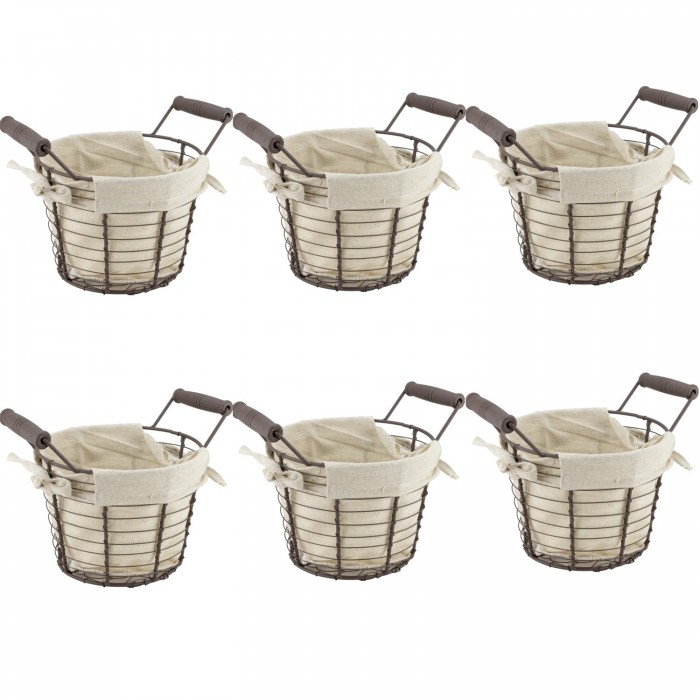 Set 6 cosuri servire paine rotunde RAKI, 24x20,5x19cm, cu manere lemn, din metal si panza