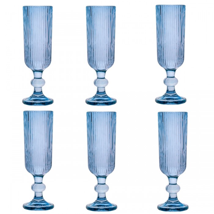 Set 6 pahare sampanie Raki Bloom Blue, 150ml, D6xh18,5cm, sticla, albastru/transparent