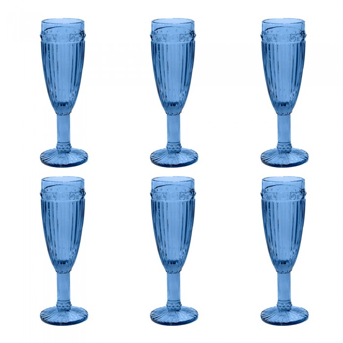 Set 6 pahare sampanie RAKI OLD SCHOOL BLUE, sticla, D6xh20cm, 190ml, albastre