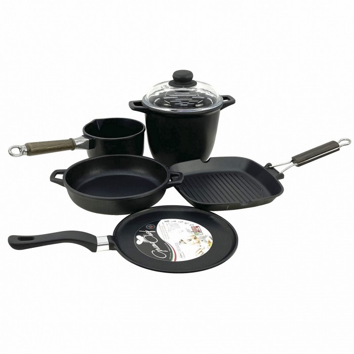 Set 6 piese vase gatit ANTIK ARS, aluminiu, strat antiaderent, oala 4lt cu capac, cratita, tigaie grill, tigaie clatite, ibric