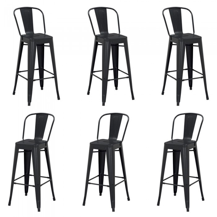 Set 6 scaune bar inalte cu spatar RAKI RETRO, metal, 46x43x107cm, negre