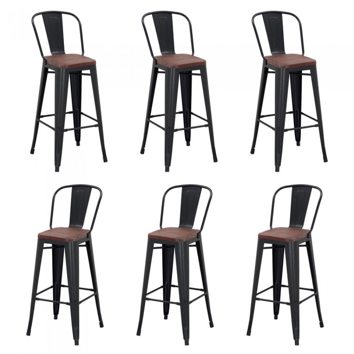 Set 6 scaune bar inalte negre RAKI RETRO, sezut lemn, metal, 46x44x117cm