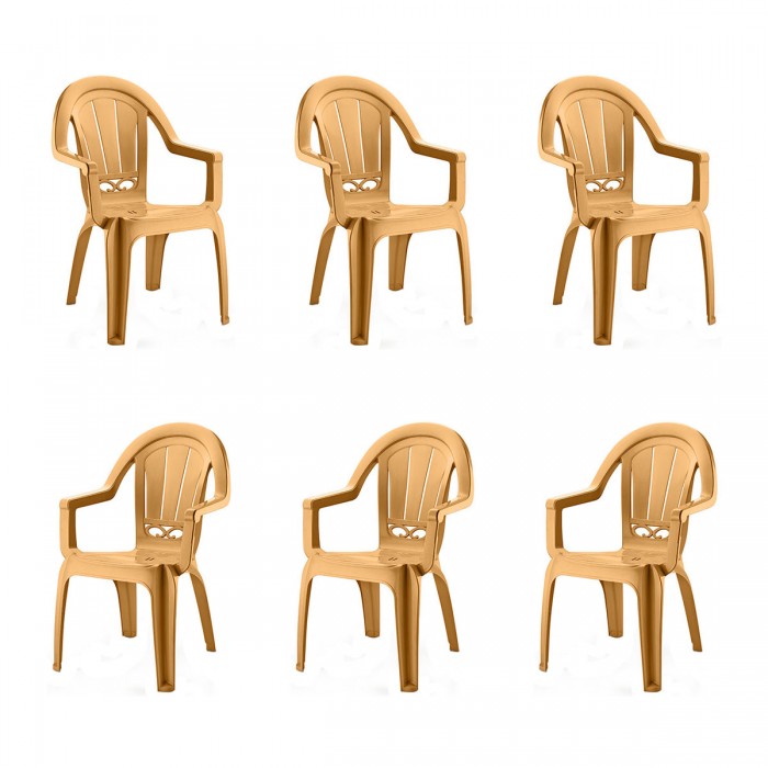 Set 6 scaune gradina cu brate RAKI MILAS, plastic, maro tec, 53x50x89cm