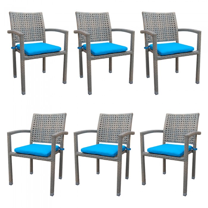 Set 6 scaune gradina/terasa cu brate RAKI ROKHA, poliratan, cadru aluminiu, perna albastra