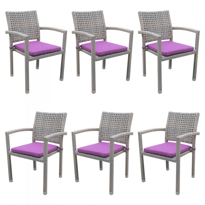 Set 6 scaune gradina/terasa cu brate RAKI ROKHA, poliratan, cadru aluminiu, perna mov