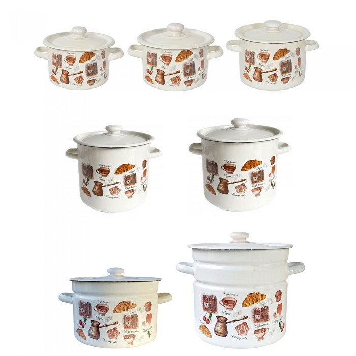 Set 7 oale emailate cu capace RAKI Cafe de Cherie, 2l, 3l, 4,5l, 5,5l, 7l, 9l, 12l