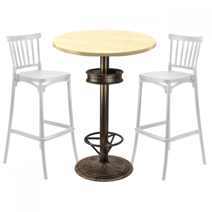 Set bar RAKI MAPLE, 2 scaune Arles albe si masa inalta rotunda D70xh110cm cu blat werzalit si baza metal aspect bronz antichizat