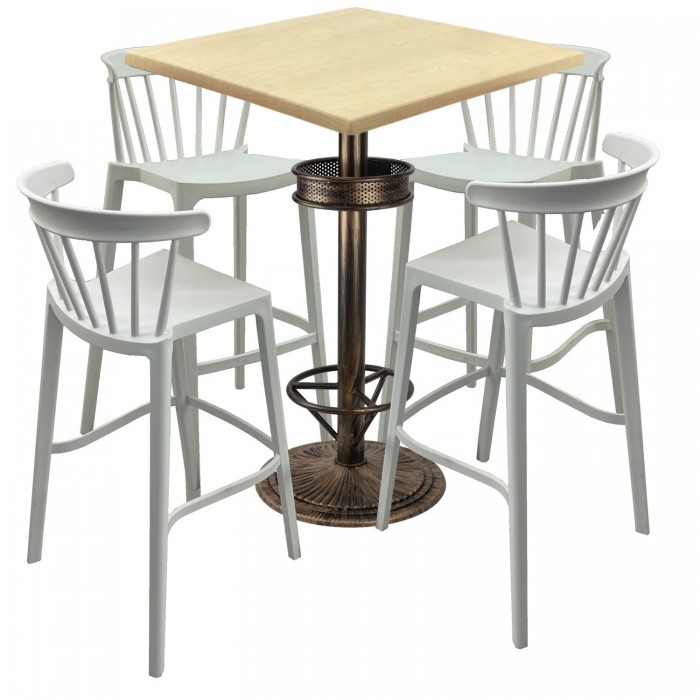 Set bar RAKI MAPLE, 4 scaune Aspen albe, masa inalta patrata 70x70xh110cm cu blat werzalit si baza metal aspect bronz antichizat