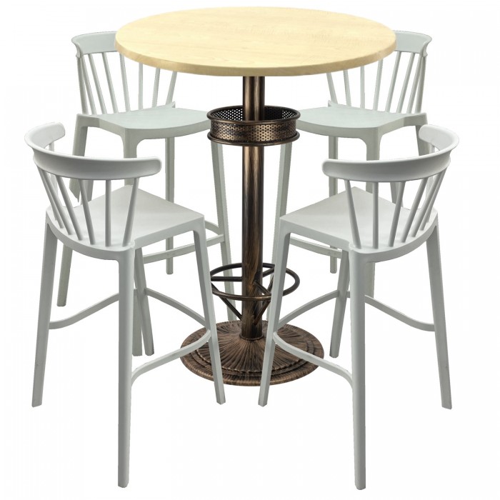 Set bar RAKI MAPLE, 4 scaune Aspen albe si masa inalta rotunda D80xh110cm cu blat werzalit si baza metal aspect bronz antichizat