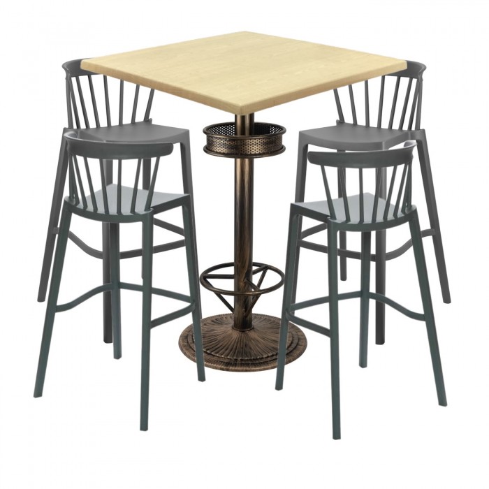 Set bar RAKI MAPLE, 4 scaune Aspen gri, masa inalta patrata 80x80xh110cm cu blat werzalit si baza metal aspect bronz antichizat