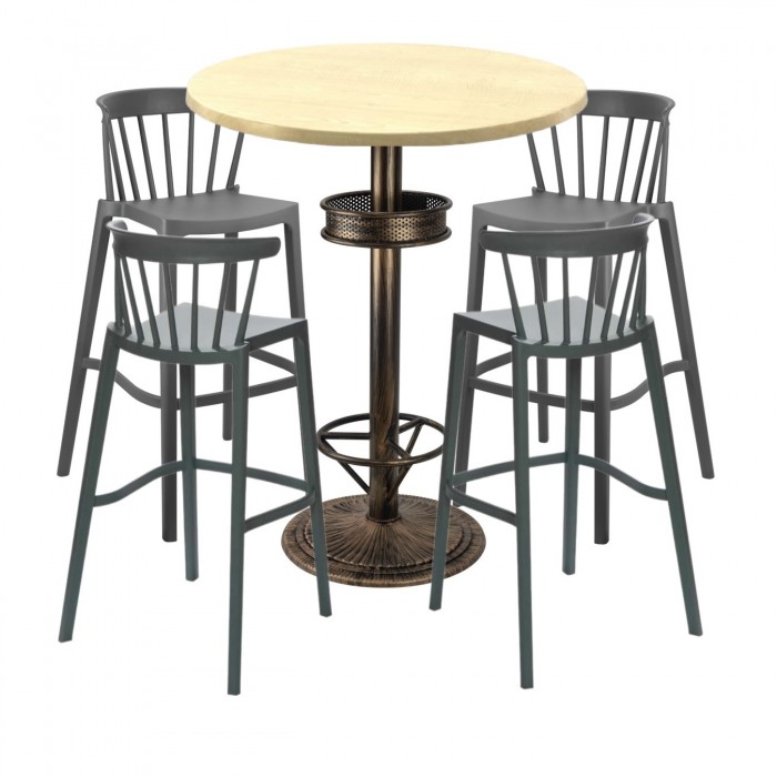 Set bar RAKI MAPLE, 4 scaune Aspen gri si masa inalta rotunda D80xh110cm cu blat werzalit si baza metal aspect bronz antichizat