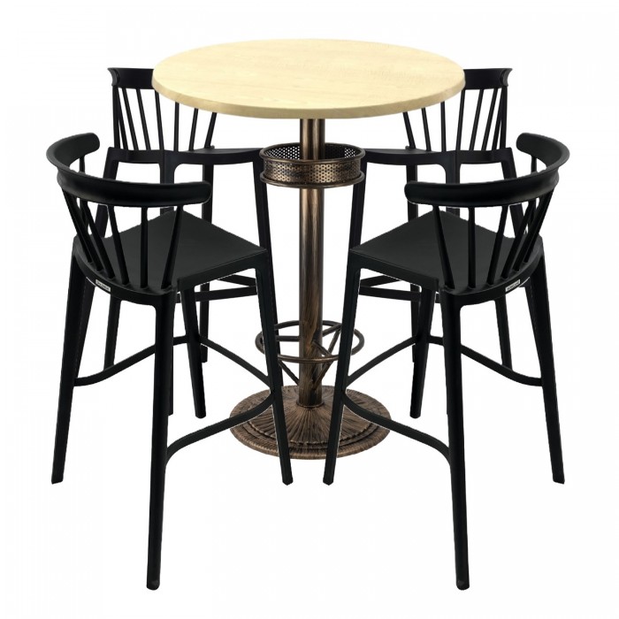 Set bar RAKI MAPLE, 4 scaune Aspen negre, masa inalta rotunda D80xh110cm cu blat werzalit si baza metal aspect bronz antichizat