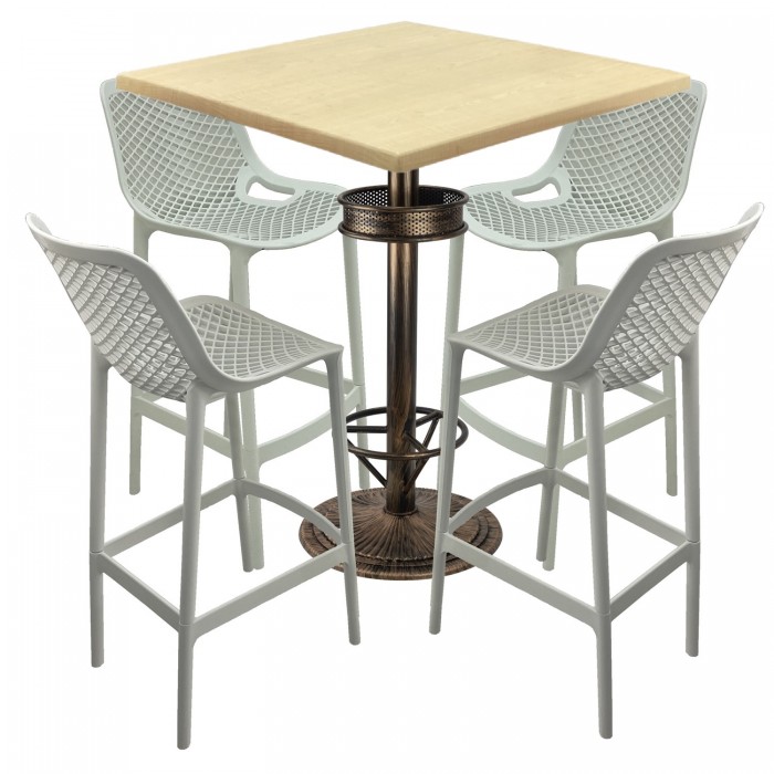 Set bar RAKI MAPLE, 4 scaune London albe, masa inalta patrata 80x80xh110cm cu blat werzalit si baza metal aspect bronz vintage