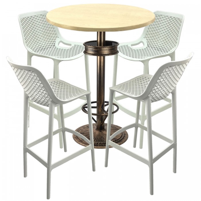 Set bar RAKI MAPLE, 4 scaune London albe, masa inalta rotunda D80xh110cm cu blat werzalit si baza metal aspect bronz antichizat