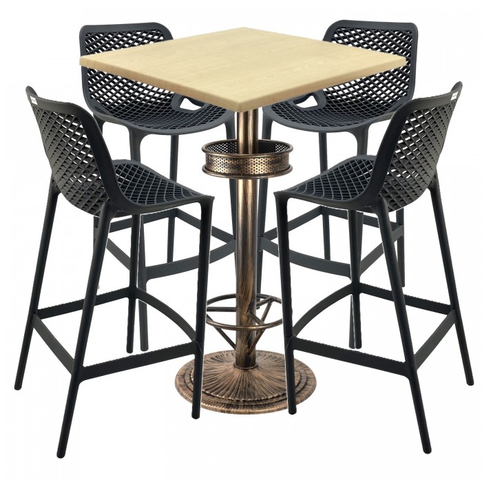 Set bar RAKI MAPLE, 4 scaune London negre, masa inalta patrata 70x70xh110cm cu blat werzalit si baza metal aspect bronz vintage