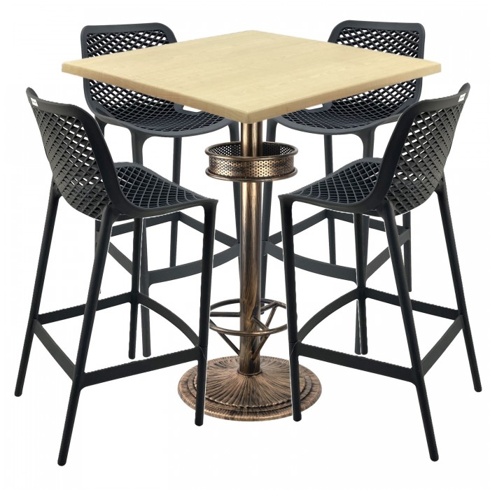 Set bar RAKI MAPLE, 4 scaune London negre, masa inalta patrata 80x80xh110cm cu blat werzalit si baza metal aspect bronz vintage