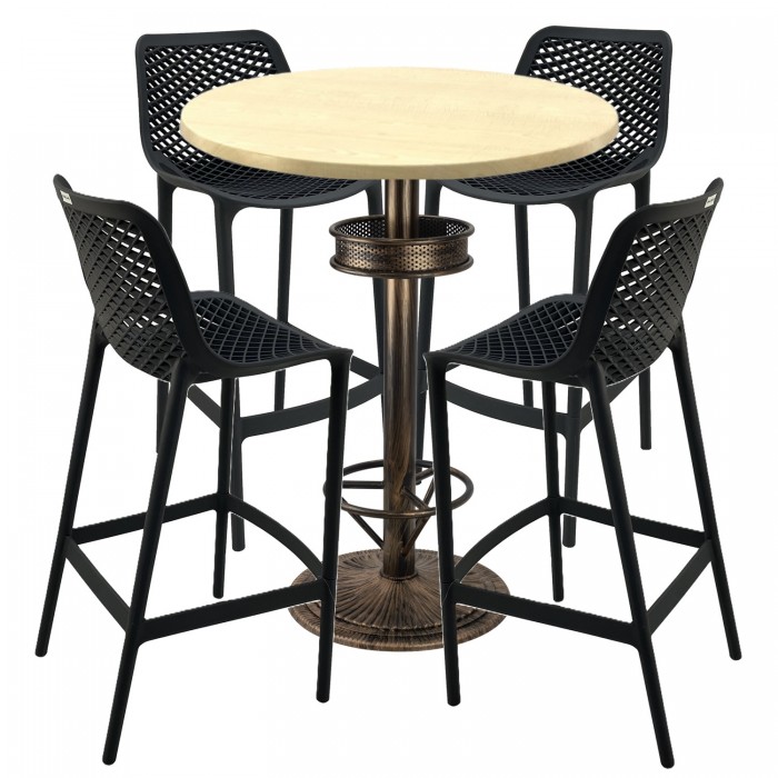 Set bar RAKI MAPLE, 4 scaune London negre, masa inalta rotunda D80xh110cm cu blat werzalit si baza metal aspect bronz antichizat