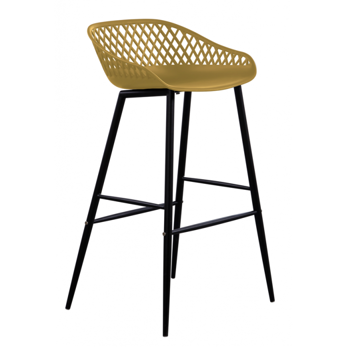 Set bar RAKI MAPLE, 4 scaune Toyama galbene, masa inalta patrata 70x70x110cm cu blat werzalit si baza metal aspect bronz vintage