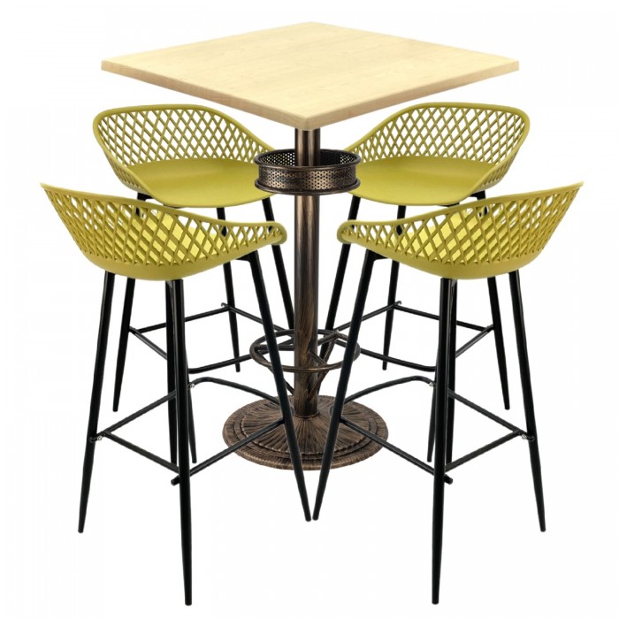 Set bar RAKI MAPLE, 4 scaune Toyama galbene, masa inalta patrata 70x70x110cm cu blat werzalit si baza metal aspect bronz vintage