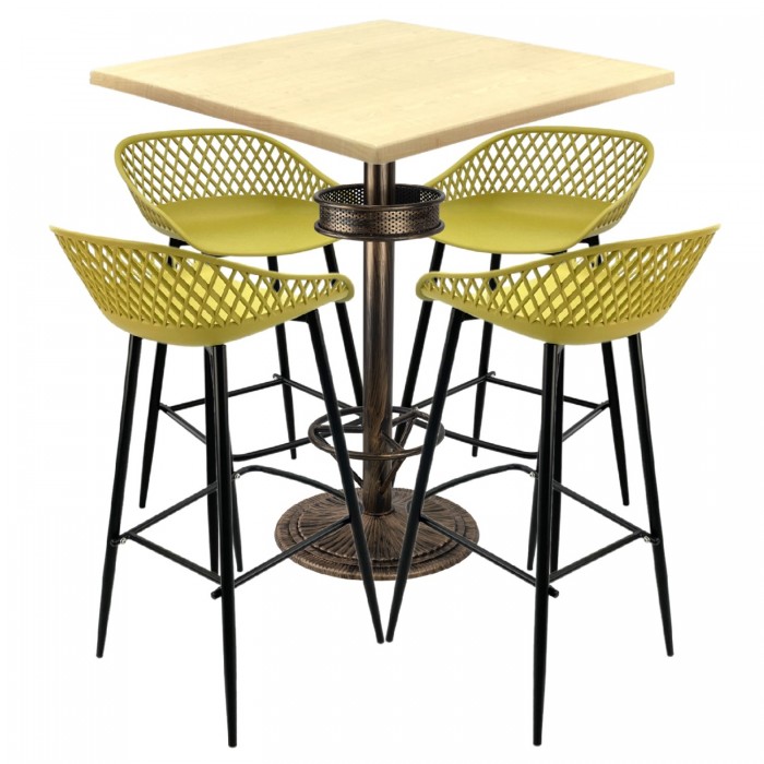 Set bar RAKI MAPLE, 4 scaune Toyama galbene, masa inalta patrata 80x80x110cm cu blat werzalit si baza metal aspect bronz vintage