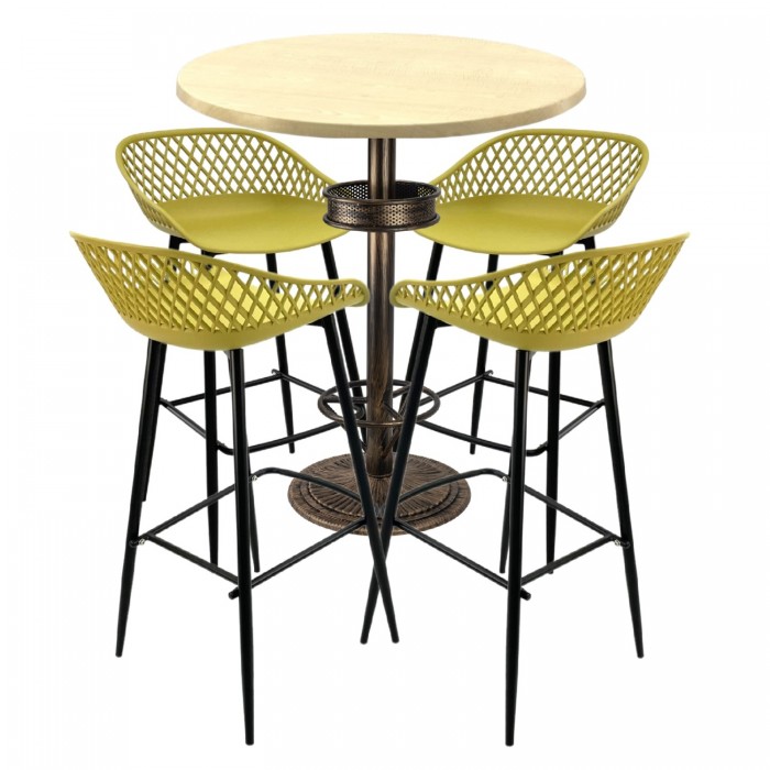 Set bar RAKI MAPLE, 4 scaune Toyama galbene, masa inalta rotunda D80xh110cm cu blat werzalit si baza metal aspect bronz vintage