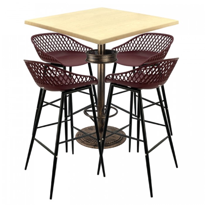 Set bar RAKI MAPLE, 4 scaune Toyama mov, masa inalta patrata 80x80xh110cm cu blat werzalit si baza metal aspect bronz antichizat