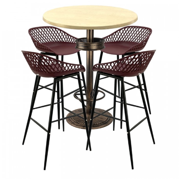 Set bar RAKI MAPLE, 4 scaune Toyama mov si masa inalta rotunda D80xh110cm cu blat werzalit si baza metal aspect bronz antichizat