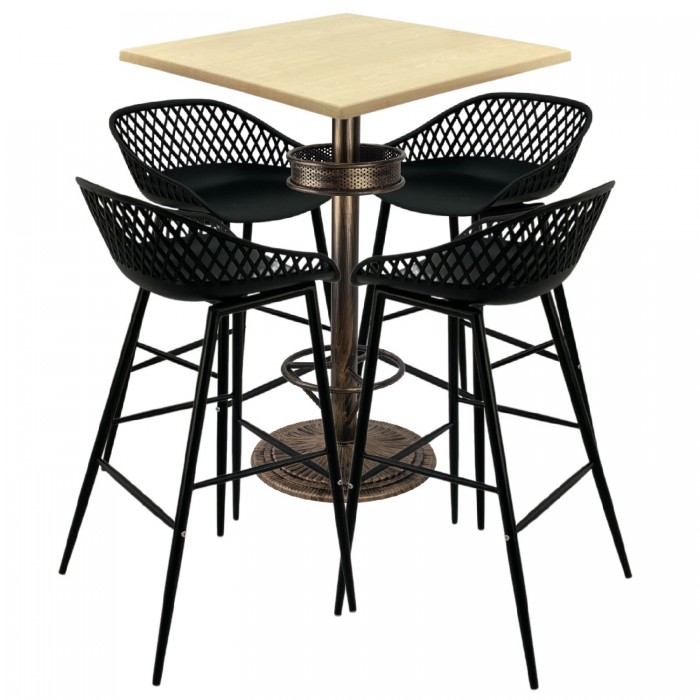 Set bar RAKI MAPLE, 4 scaune Toyama negre, masa inalta patrata 70x70xh110cm cu blat werzalit si baza metal aspect bronz vintage