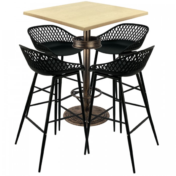 Set bar RAKI MAPLE, 4 scaune Toyama negre, masa inalta patrata 80x80xh110cm cu blat werzalit si baza metal aspect bronz vintage