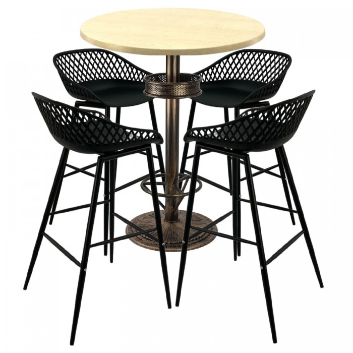 Set bar RAKI MAPLE, 4 scaune Toyama negre, masa inalta rotunda D80xh110cm cu blat werzalit si baza metal aspect bronz antichizat