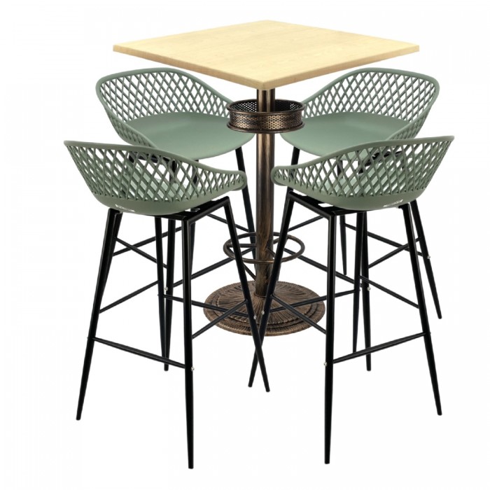 Set bar RAKI MAPLE, 4 scaune Toyama verzi, masa inalta patrata 70x70xh110cm cu blat werzalit si baza metal aspect bronz vintage