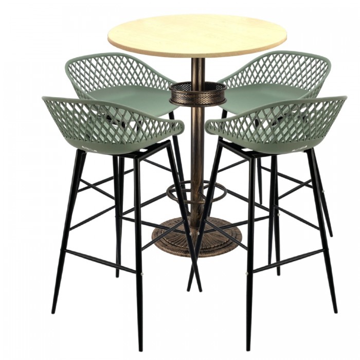 Set bar RAKI MAPLE, 4 scaune Toyama verzi, masa inalta rotunda D80xh110cm cu blat werzalit si baza metal aspect bronz antichizat