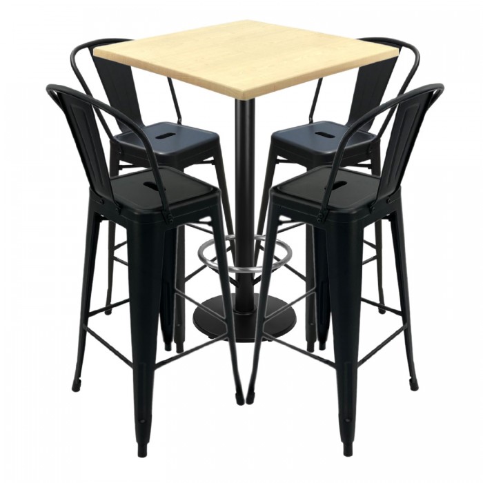 Set bar RAKI MAPLE, masa inalta patrata 70x70xh112cm cu blat werzalit si baza neagra cu suport picioare, 4 scaune Antique negre