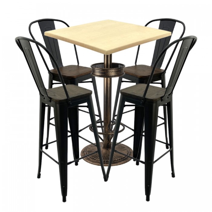Set bar RAKI MAPLE, masa patrata 70x70xh110cm cu blat werzalit si baza metalica vintage, 4 scaune cu sezut lemn Antique negre