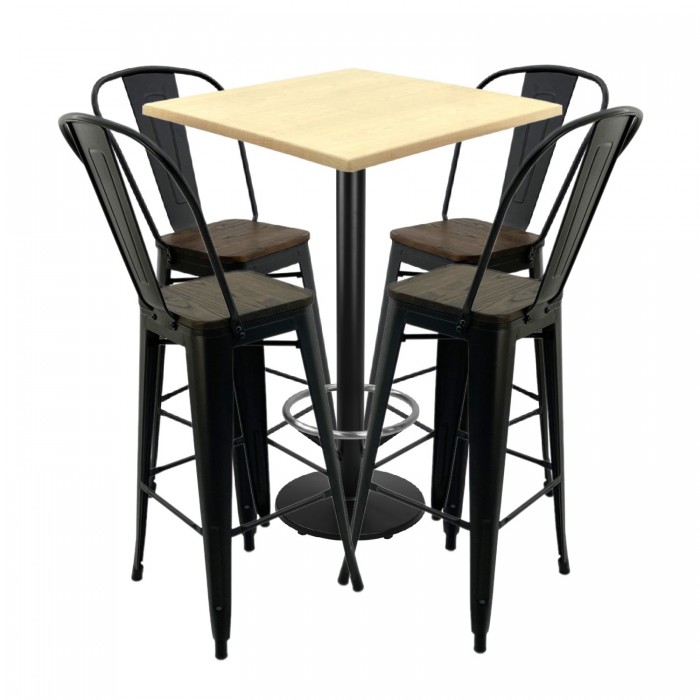 Set bar RAKI MAPLE, masa patrata 70x70xh112cm cu blat werzalit si baza neagra cu suport, 4 scaune cu sezut lemn Antique negre