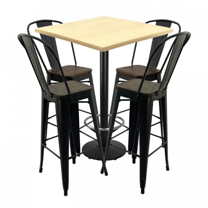 Set bar RAKI MAPLE, masa patrata 80x80xh112cm cu blat werzalit si baza neagra cu suport, 4 scaune cu sezut lemn Antique negre