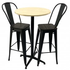 Set bar RAKI MAPLE, masa rotunda D60xh107cm cu blat werzalit si baza metalica neagra, 2 scaune cu sezut lemn Antique negre