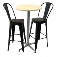 Set bar RAKI MAPLE, masa rotunda D60xh107cm cu blat werzalit si picior metalic clasic, 2 scaune cu sezut lemn Antique negre