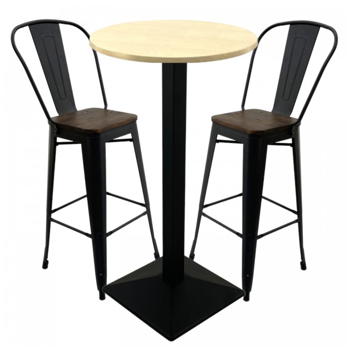 Set bar RAKI MAPLE, masa rotunda D60xh112cm cu blat werzalit si baza metalica neagra, 2 scaune cu sezut lemn Antique negre