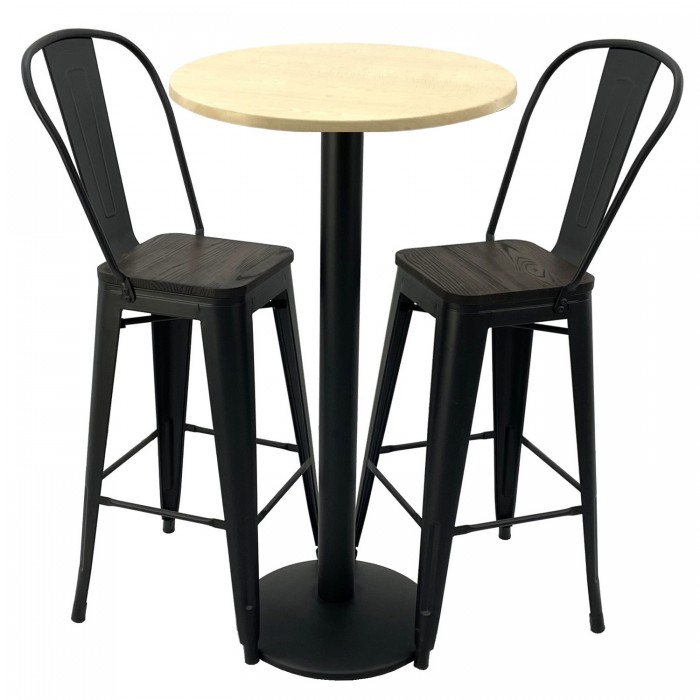 Set bar RAKI MAPLE, masa rotunda D60xh112cm cu blat werzalit si picior metalic negru, 2 scaune cu sezut lemn Antique negre