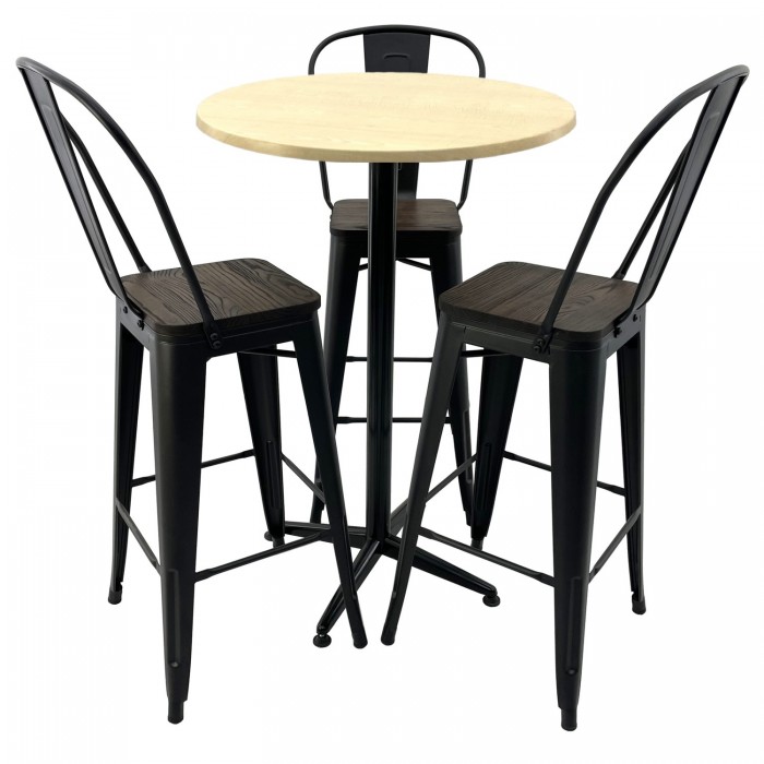 Set bar RAKI MAPLE, masa rotunda D70xh107cm cu blat werzalit si baza metalica neagra, 3 scaune cu sezut lemn Antique negre