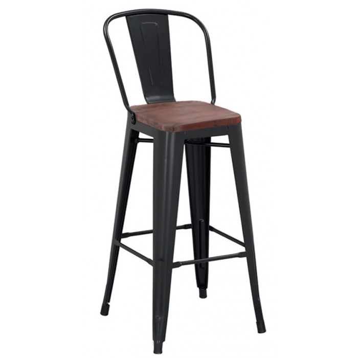 Set bar RAKI MAPLE, masa rotunda D70xh107cm cu blat werzalit si baza metalica neagra, 3 scaune cu sezut lemn Antique negre