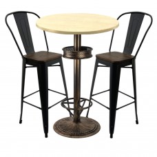 Set bar RAKI MAPLE, masa rotunda D70xh110cm cu blat werzalit si baza metalica vintage, 2 scaune cu sezut lemn Antique negre