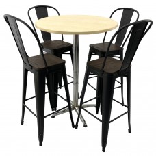 Set bar RAKI MAPLE, masa rotunda D80xh107cm cu blat werzalit si picior metalic cromat, 2 scaune cu sezut lemn Antique negre