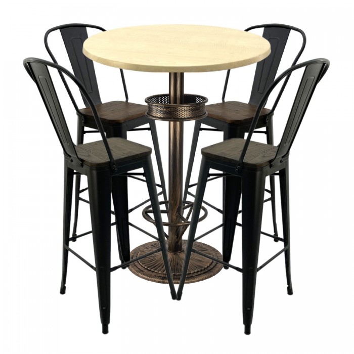 Set bar RAKI MAPLE, masa rotunda D80xh110cm cu blat werzalit si baza metalica vintage, 2 scaune cu sezut lemn Antique negre