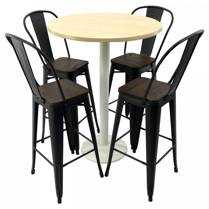 Set bar RAKI MAPLE, masa rotunda D80xh112cm cu blat werzalit si baza metalica alba, 2 scaune cu sezut lemn Antique negre