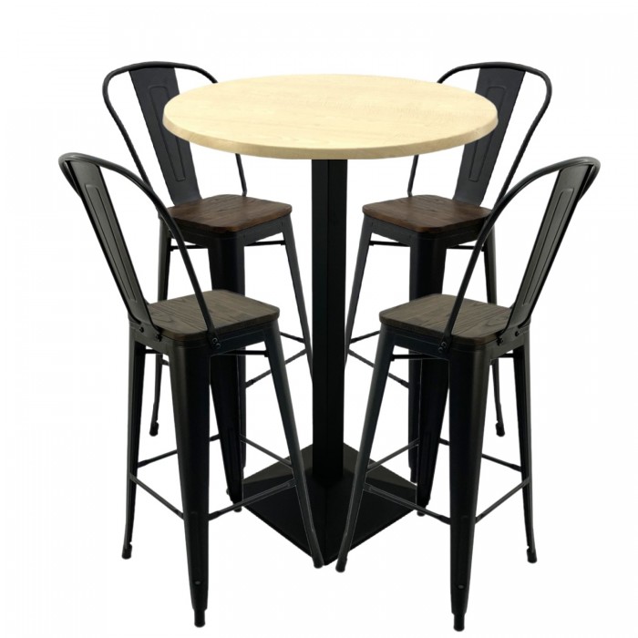 Set bar RAKI MAPLE, masa rotunda D80xh112cm cu blat werzalit si baza metalica neagra, 2 scaune cu sezut lemn Antique negre