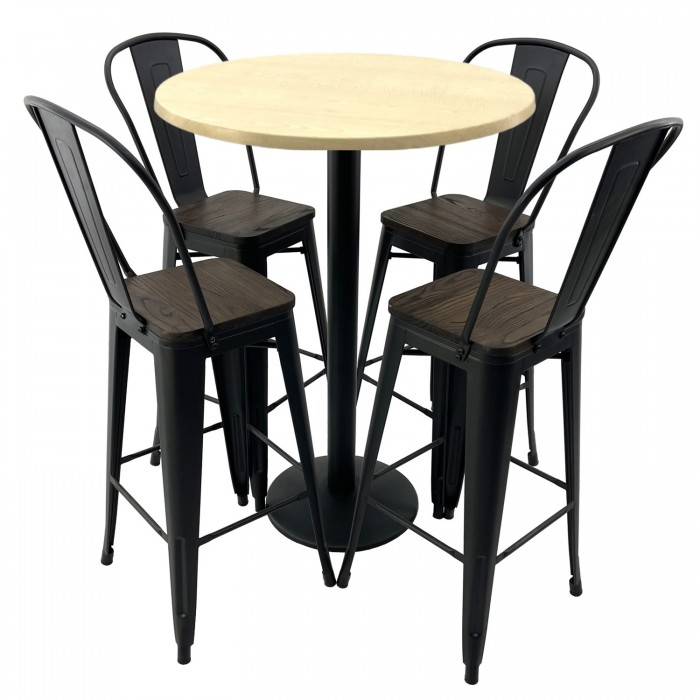 Set bar RAKI MAPLE, masa rotunda D80xh112cm cu blat werzalit si picior metalic negru, 2 scaune cu sezut lemn Antique negre