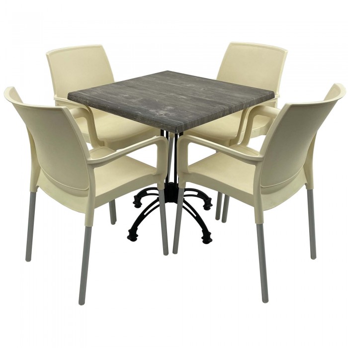 Set bistro de exterior, masa patrata 70x70cm Raki Old Pine cu blat werzalit si baza retro culoare neagra, 4 scaune SUNSET crem