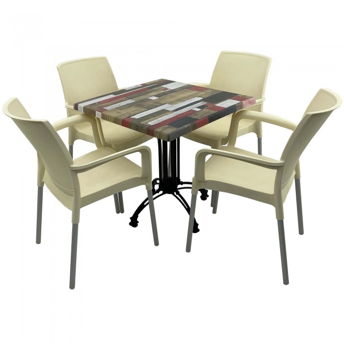 Set bistro de exterior, masa patrata 70x70cm Raki Redden Wood cu blat werzalit si baza retro neagra, 4 scaune SUNSET crem